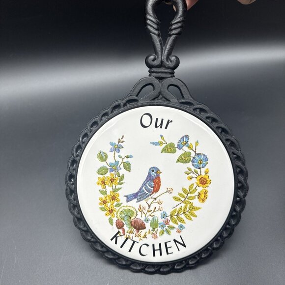Vintage Cast Iron Tile Trivet Taiwan Blue Bird Garden Mushrooms Our Kitchen - Picture 1 of 5